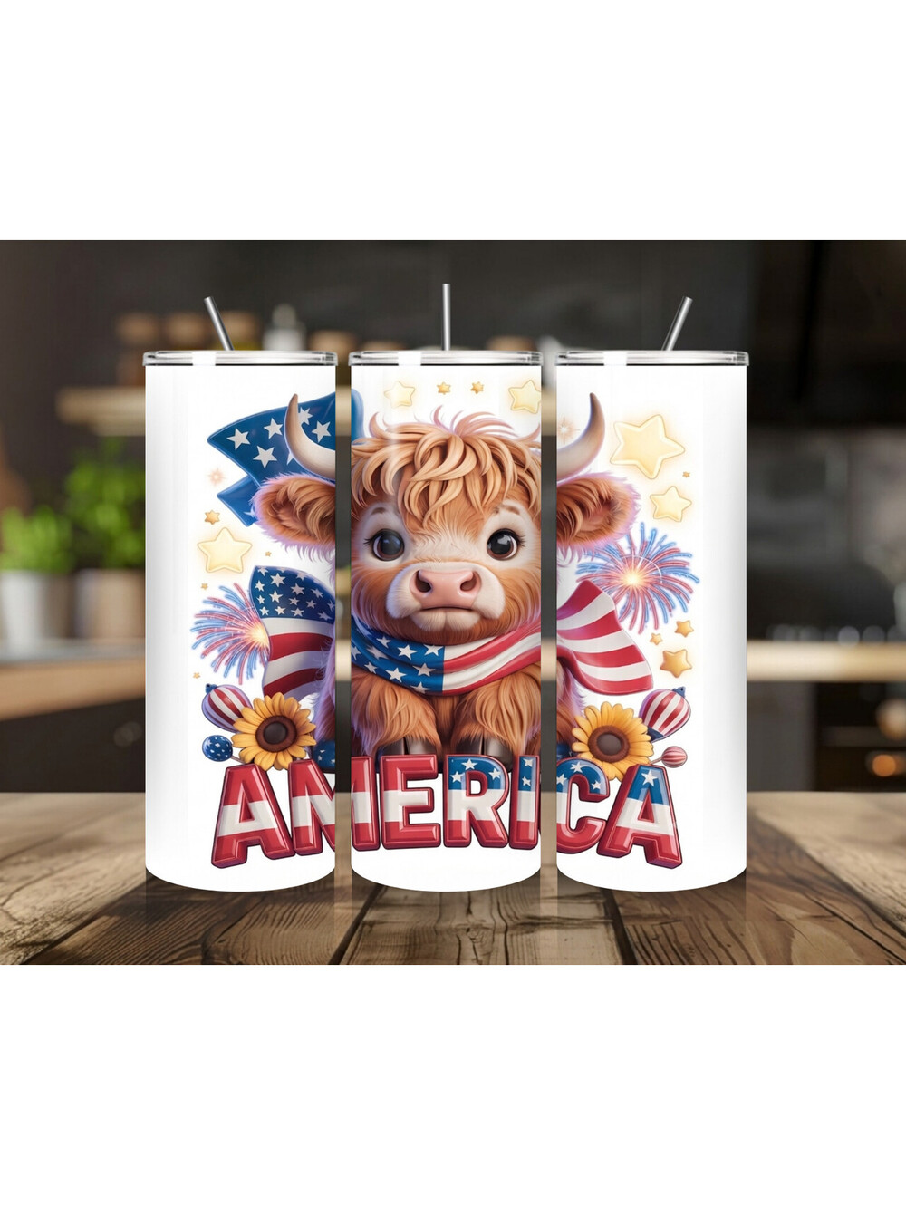 20 oz America Highlandcow Stainless Steel Tumbler with Lid, Straw